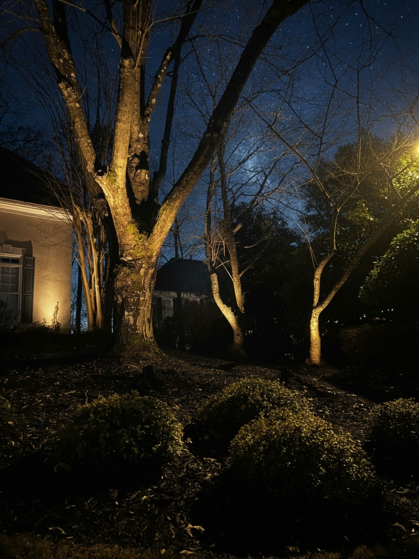 Home and landscape lit warmly in the evening