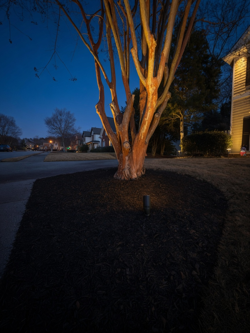 Illuminated landscape median at night