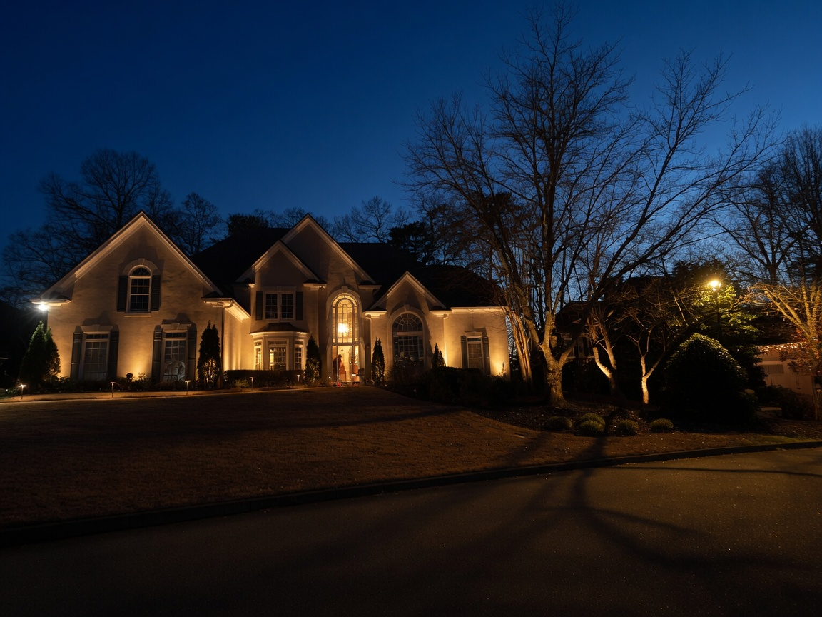 High-end property illuminated at night with professional landscape lighting